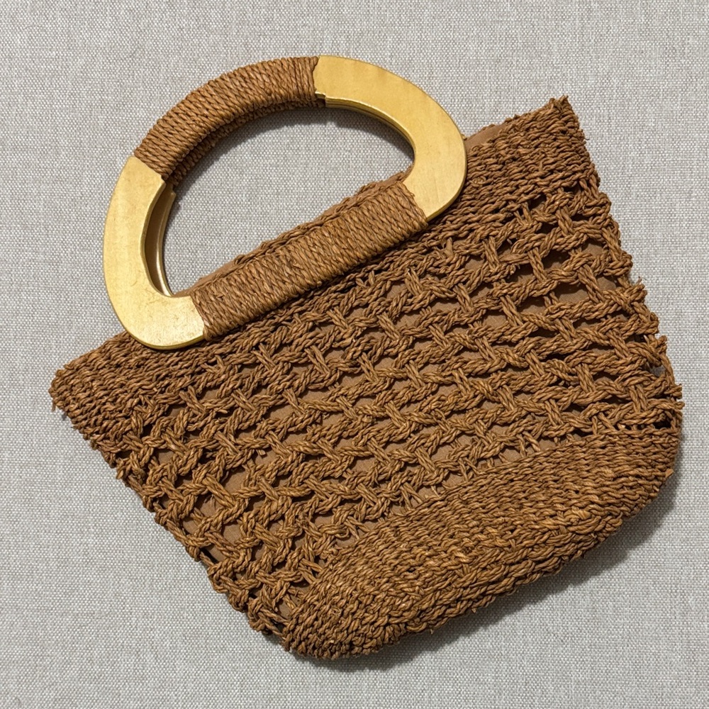 White Stag Straw Bag-Rusty Brown Woven Exterior-3 Compartments-Wooden Handle-EUC - Picture 1 of 16
